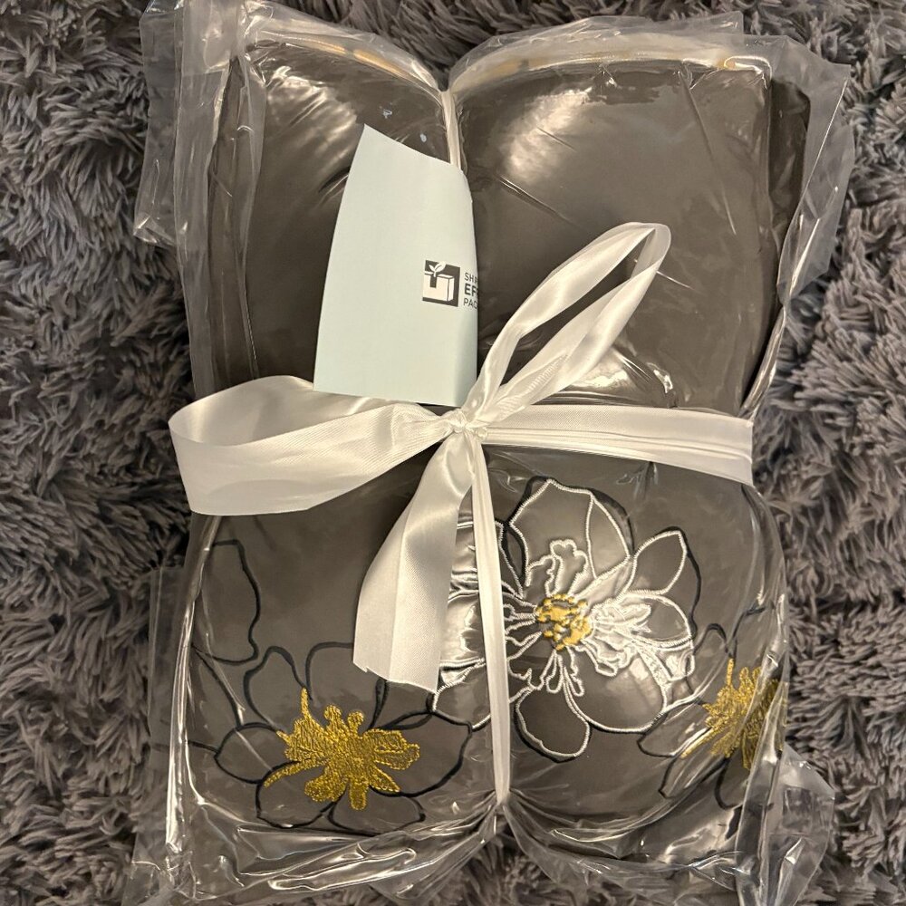 Luxury Satin Floral Bedding / Throw Blanket Set Gray & Gold Embroidered Gift Rea